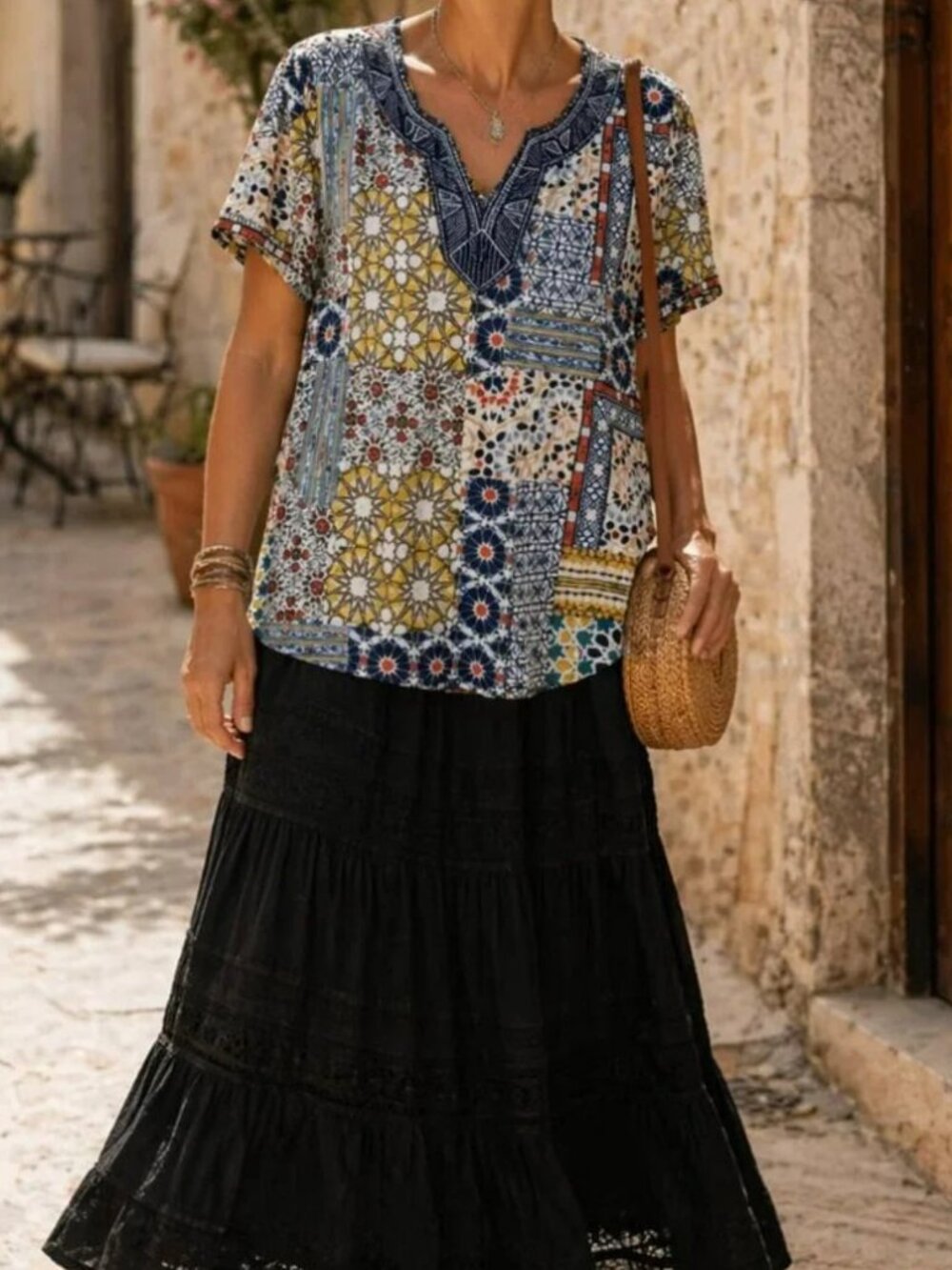 BOHO PATCHWORK TUNIC TOP MOSAIC PRINT FESTIVAL BlOUSE BEADED RELAXED FIT S. L.